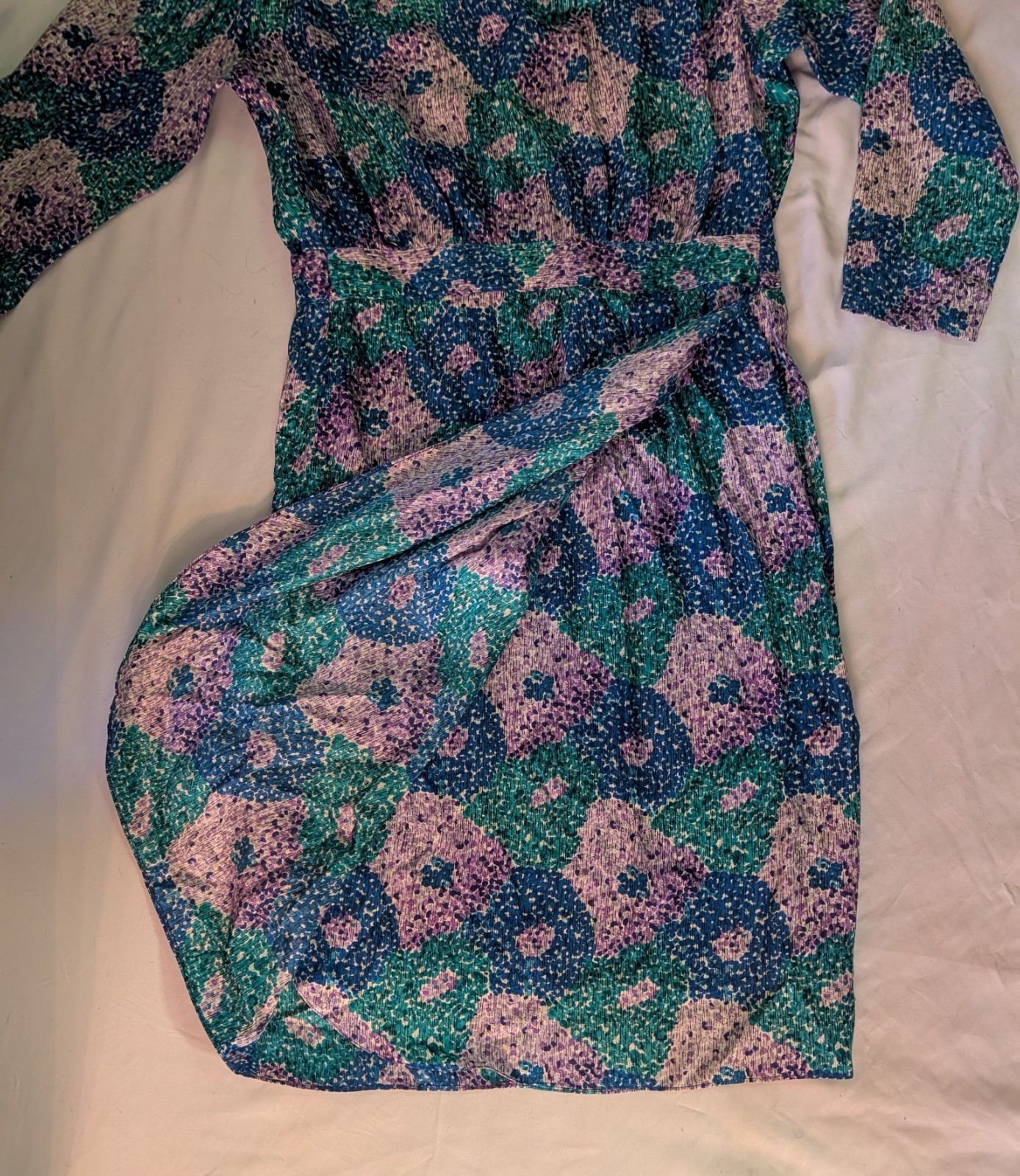 Designer Norah Noh VTG Silk Women Dress Sz 8P Impressionist Blue Green Chic Midi
