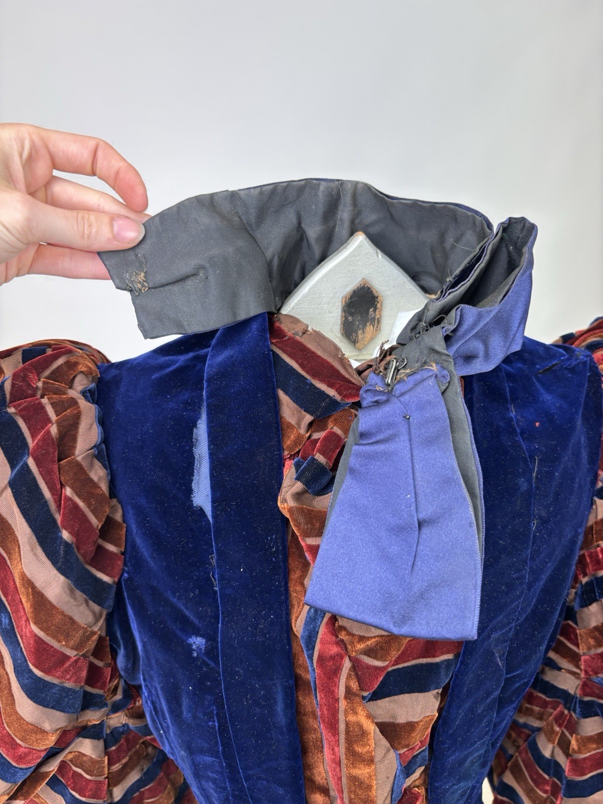Antique Victorian Royal Blue Velvet Brown Stripes Jacket Leg of Mutton Sleeve