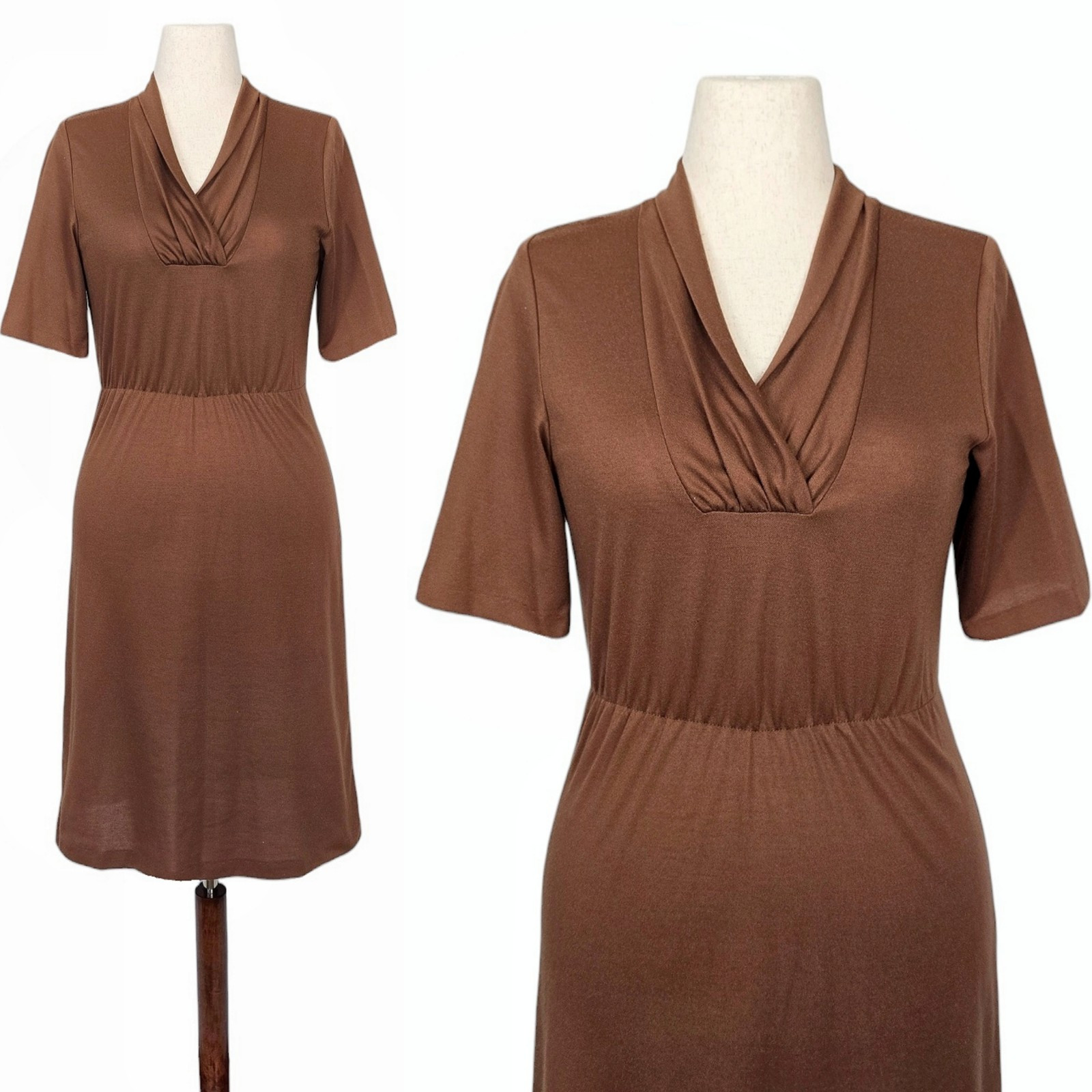 1980s Vintage Dress 80s Brown Midi Small Medium V Neck Short Sleeves A Line S/M