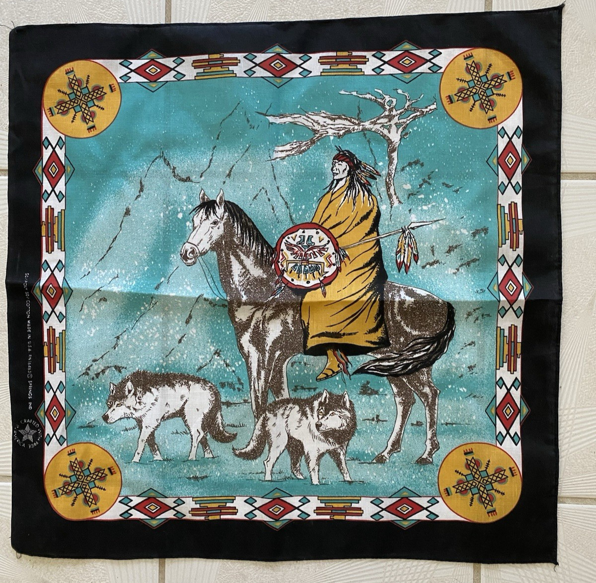 Springs Ind. Southwestern Indian on Horse with Wolves 22″ Bandana USA FREE SHIP