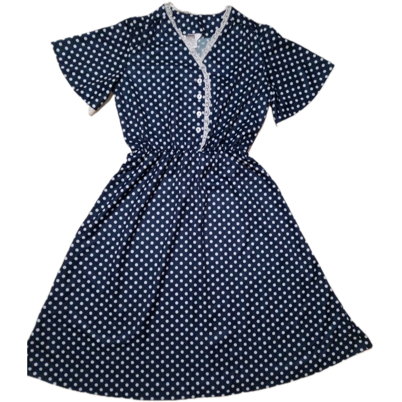 Vintage MW 60s Women’s Sz16 Navy Blue Polkadot Midi Dress PinUp/Rockabilly Retro