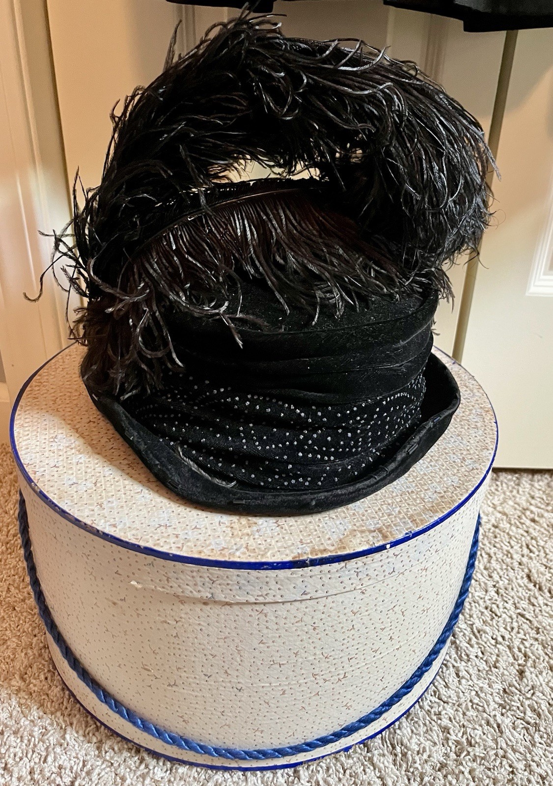 Antique 1917 Black Edwardian Satin Dress & Feathered Hat Set