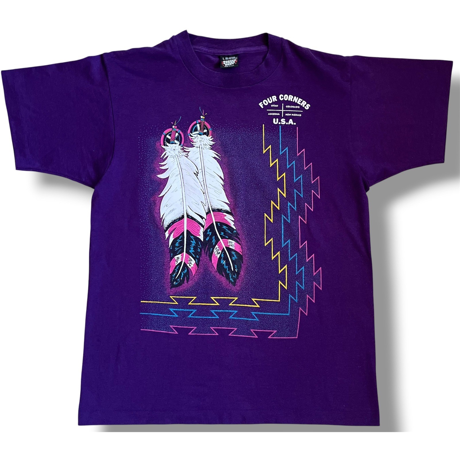 Vintage Screen Stars Best Four Corners USA Feather T-Shirt Purple Mens Large L