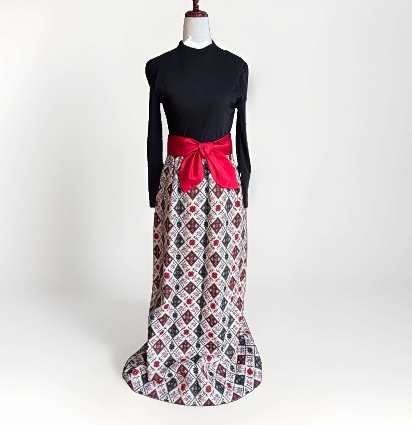 Vintage Retro Maxi Dress Black Bodice Bow Waistband Floral Jaquard Skirt XS