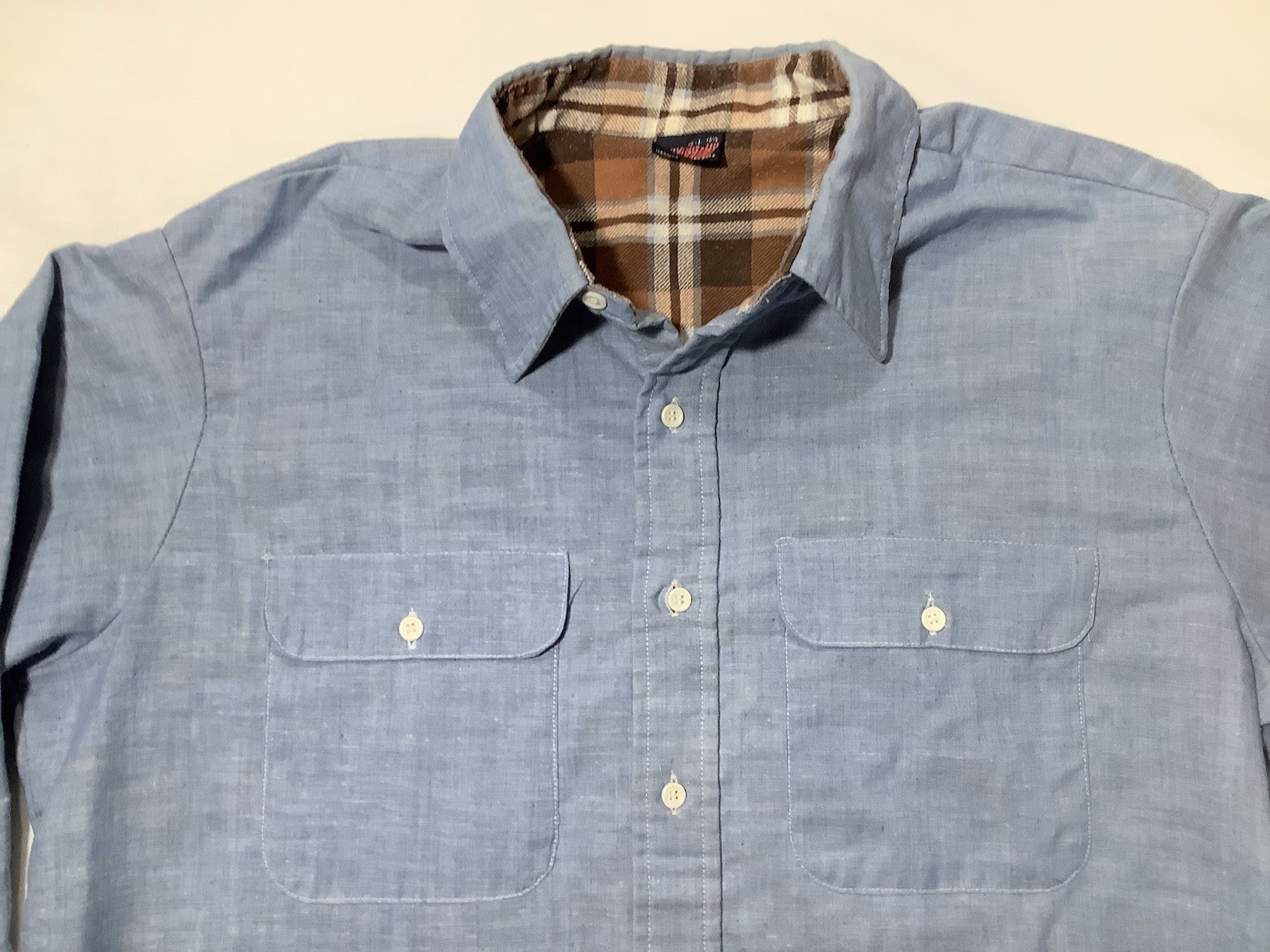 Moving Up Flannel Shirt Blue Brown Plaid Long Sleeve 70s Vintage Retro Disco