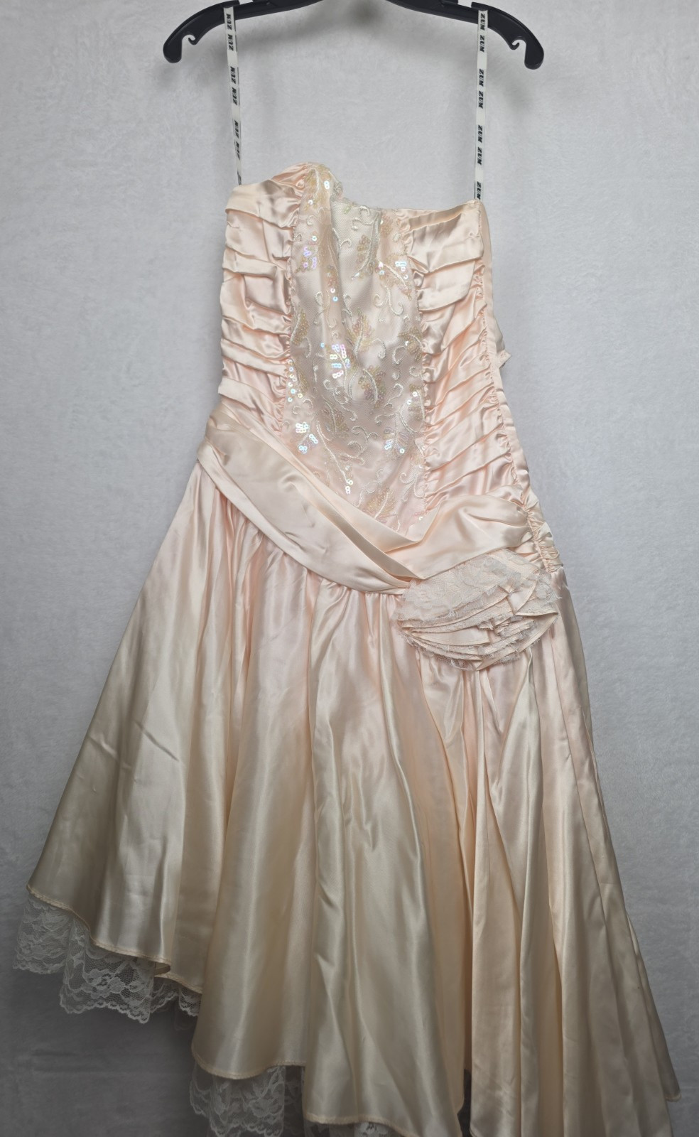 VTG 80s Zum Zum Pink Lace Jacquard Strapless Corset Prom Dress Asymmetrical Tier
