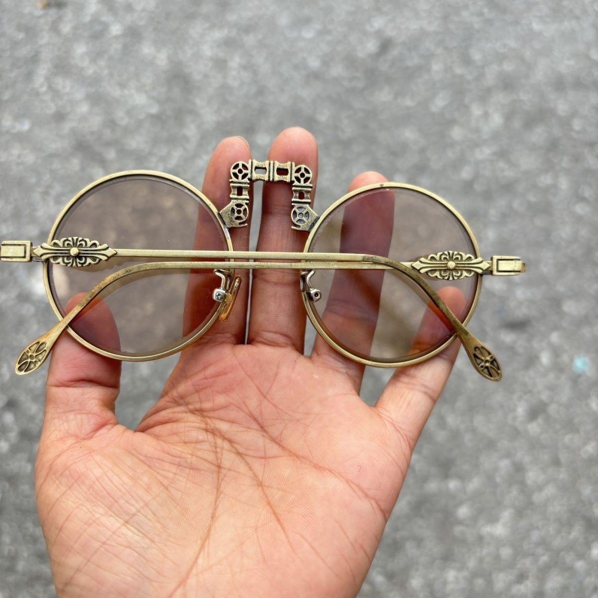 Vintage China Old Shanghai Copper Frame Round Eyeglasses Crystal Brown Sunglasse