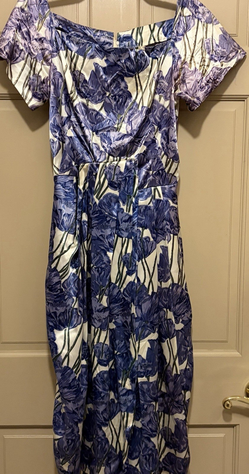 Vintage 60s Wiggle Dress~Custom Made~Chic Satin Faux Wrap w/Blue Irises~XXS~TLC