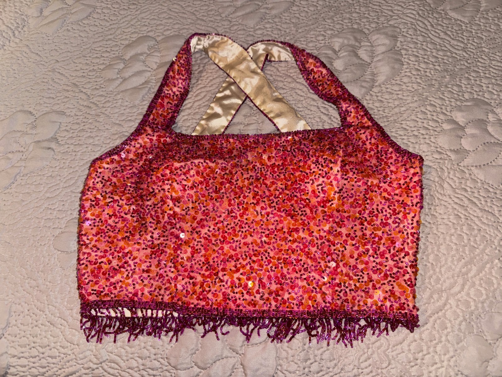 VTG SCALA Sequin Beaded Cropped Top Pinkish salmon Fringe Hem Cris Cross Size S