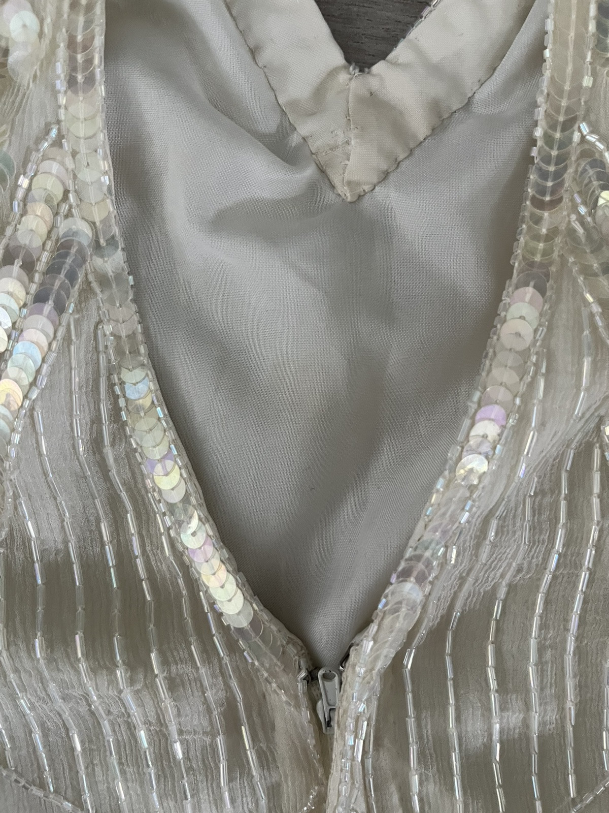 Womens Vintage Silk NEIMAN MARCUS Ivory Art Deco Cocktail Party Sequin Dress, S