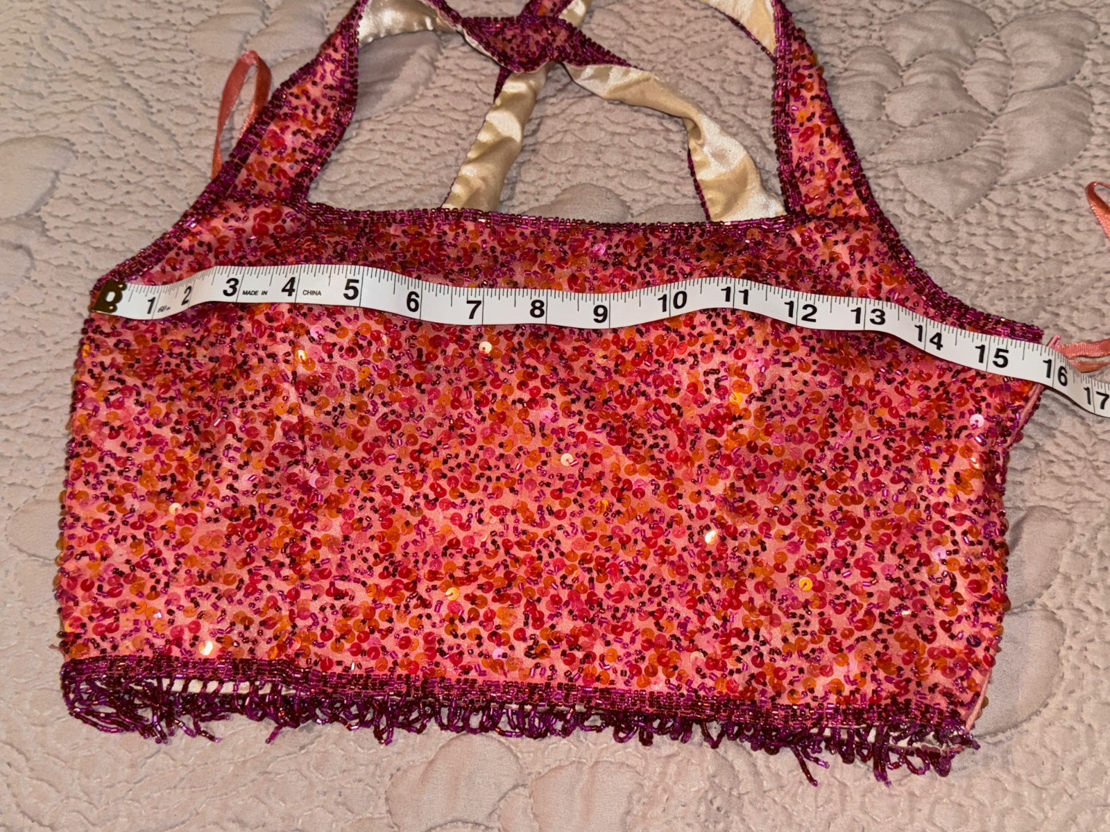 VTG SCALA Sequin Beaded Cropped Top Pinkish salmon Fringe Hem Cris Cross Size S