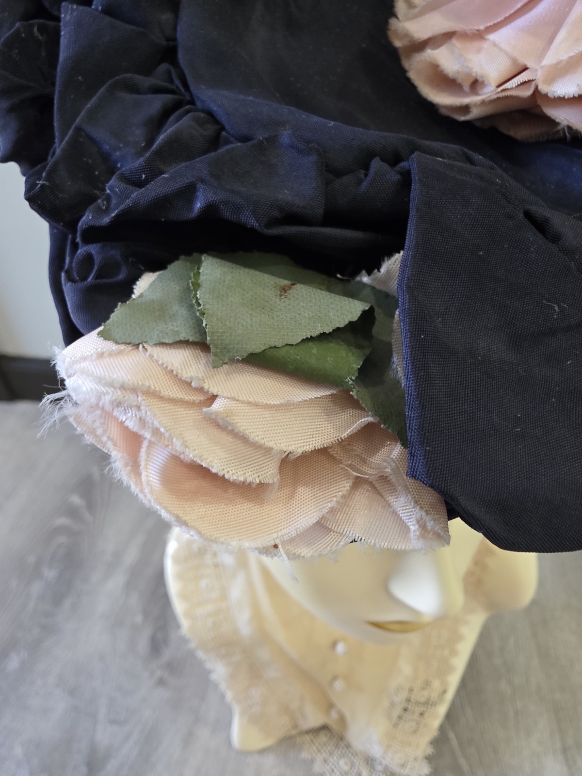 1940s Tilt Toy Hat Fascinator O-ring Midnight Blue Ruffles Pink Rose Flowers