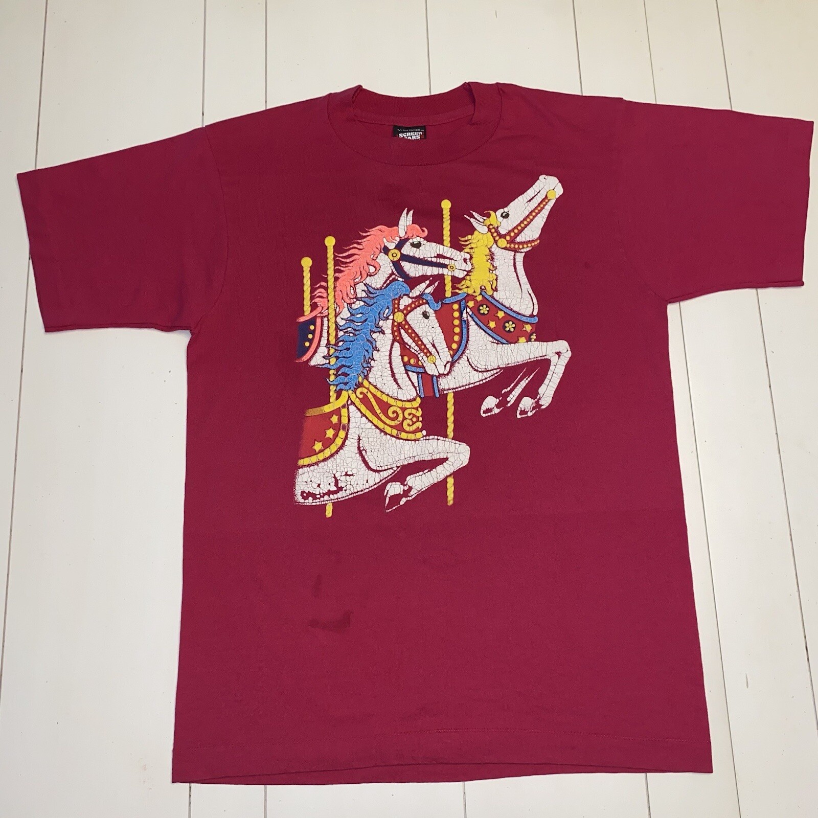 Vintage T-Shirt Single Stitch Late 80-90s Pink Carousel Horses Screen Stars Best