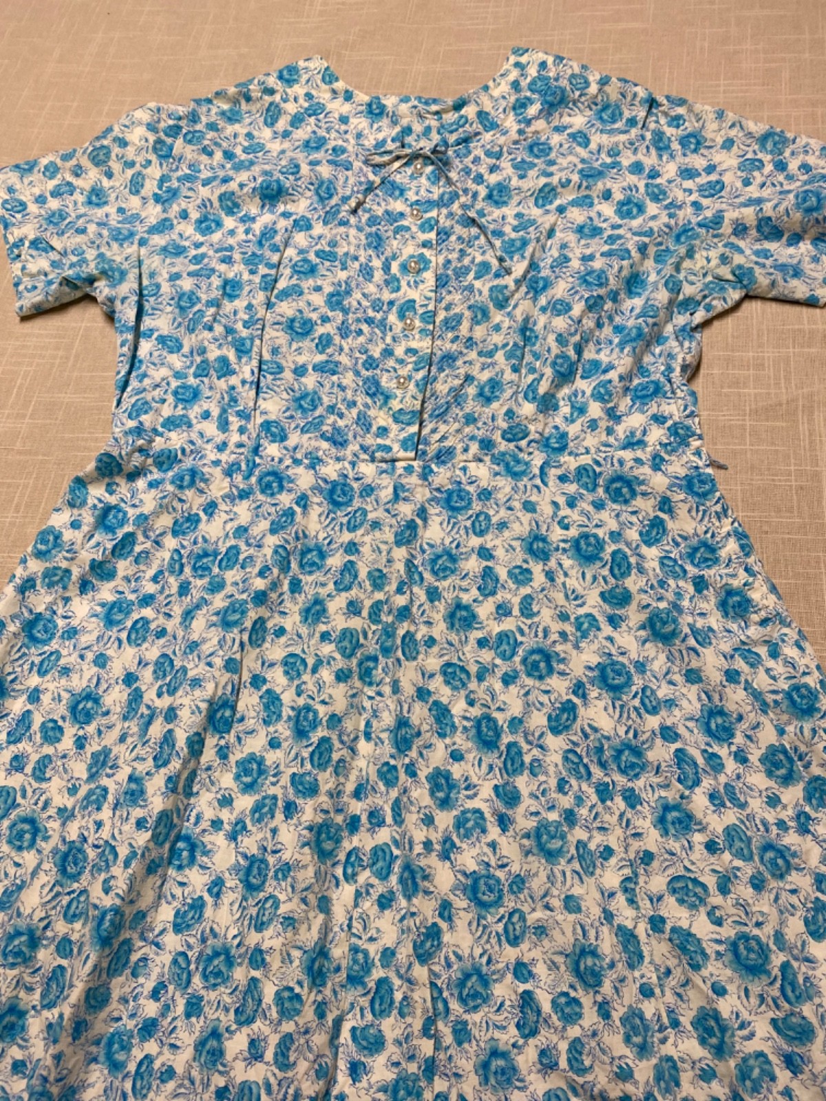 Vintage Dress 1950s Shirtwaist Sundress Blue Floral Cotton A-Line Button Up