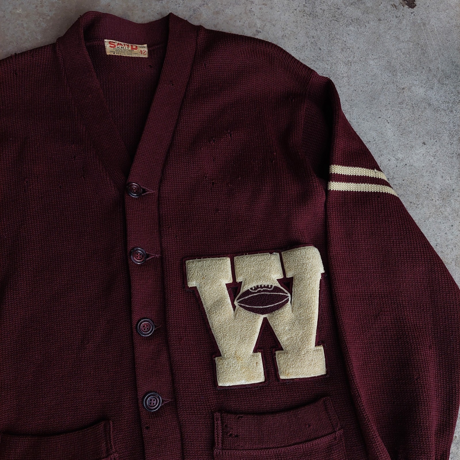 Vintage 60s Sand Knit Letter W Knit Letterman Cardigan Sweater Football