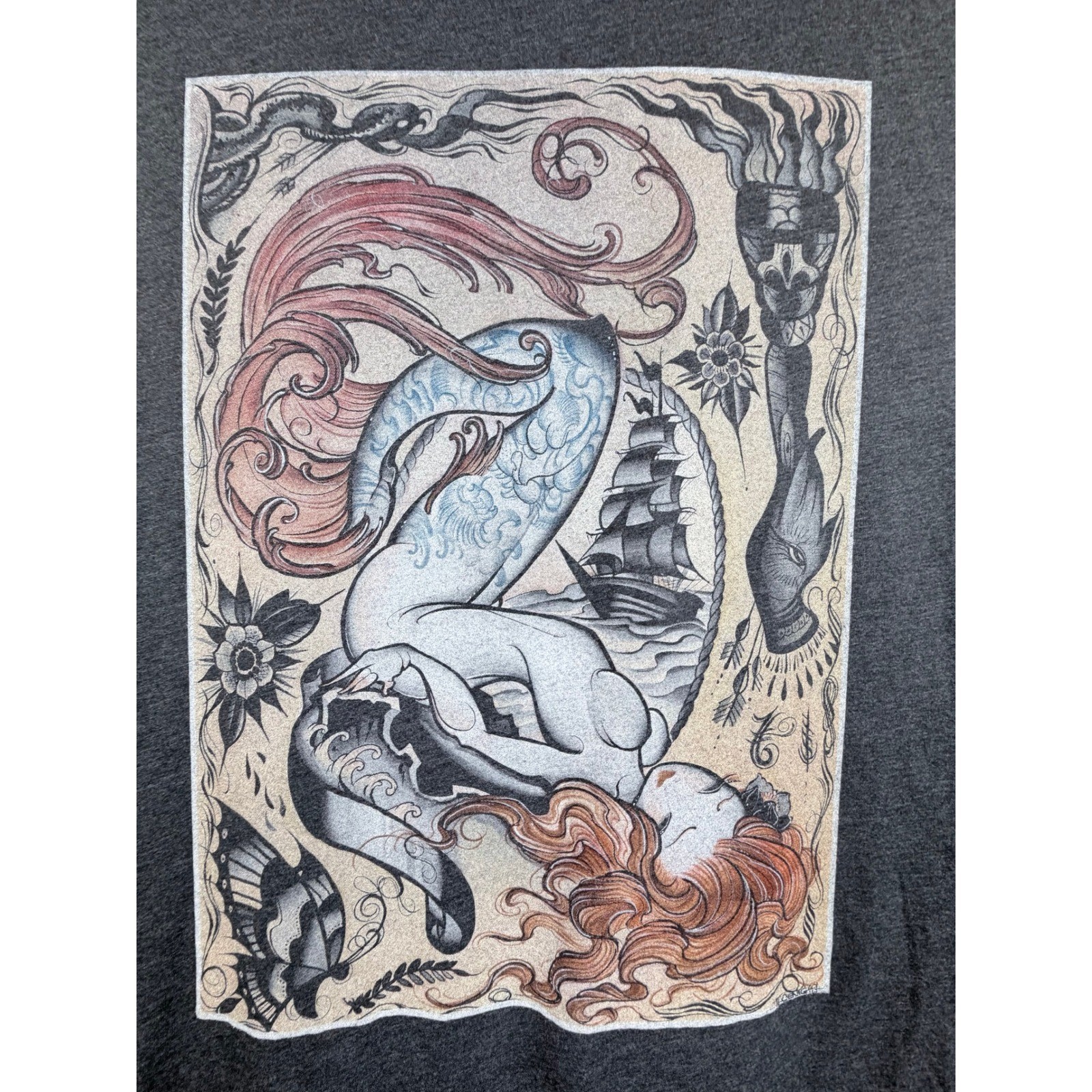 Curbside Mermaid Graphic T Shirt Mens XL Gray Tattoo Nautical Ship Gothic Tee