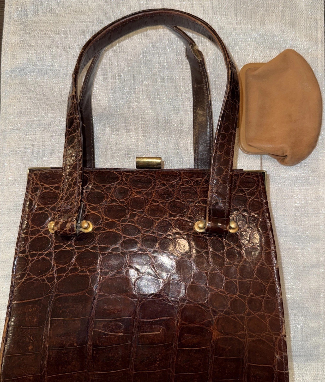 Vintage Mid century Brown Reptile Hand Bag Purse Golden Clasp w/Coin Purse