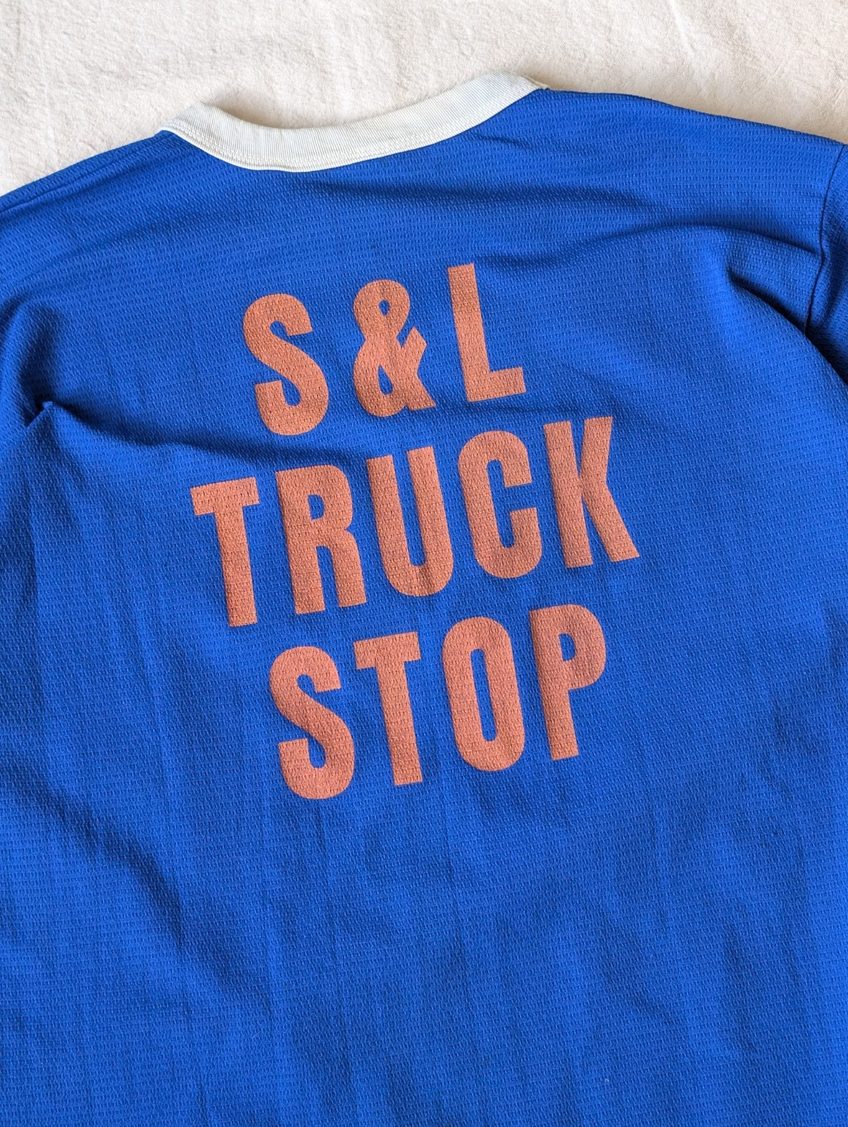 Russell Athletic Vintage 70s Blue Truck Stop Jersey Ringer Tee Size XL USA Made
