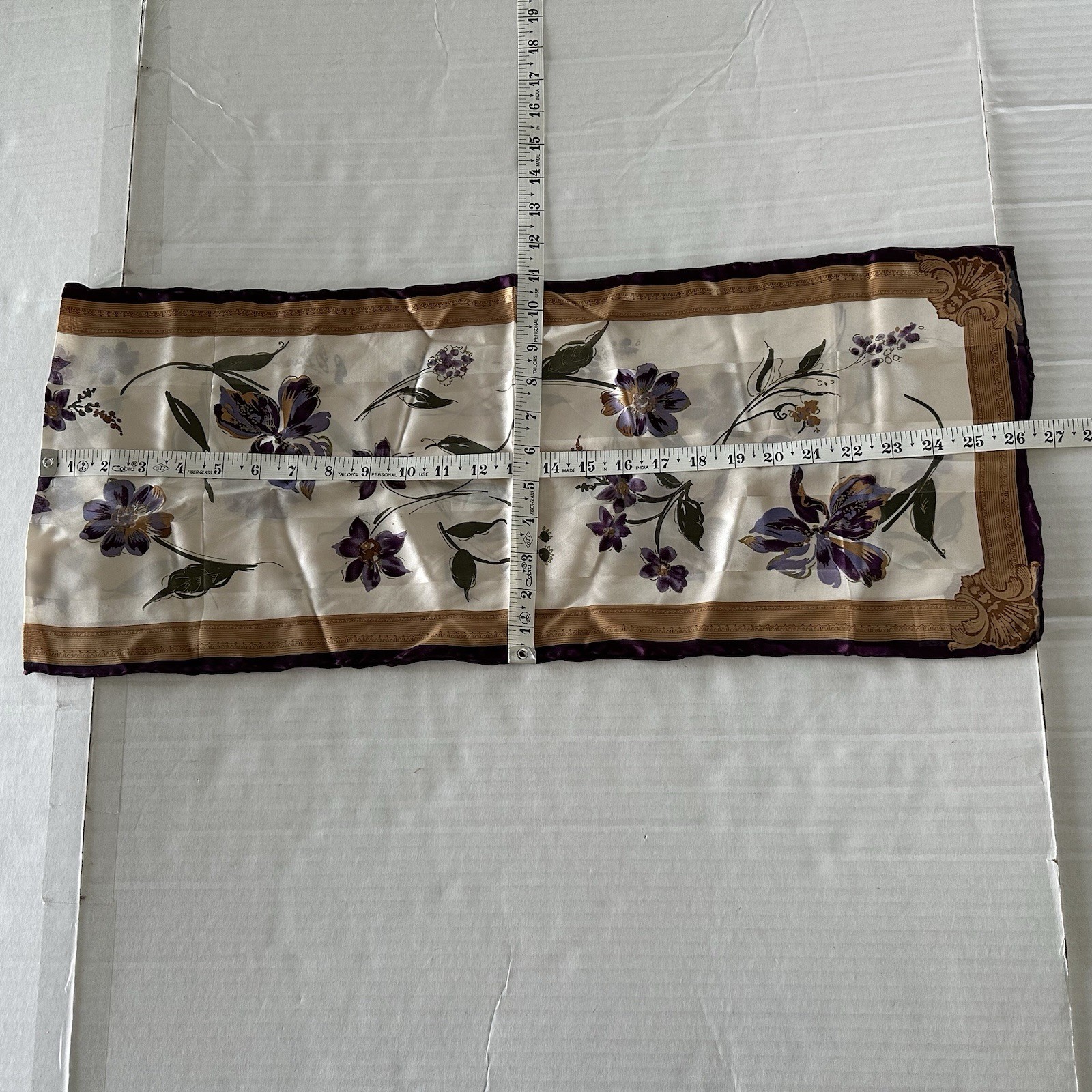 The Specialty House Silk Oblong Scarf Violets w/Purple & Tan Border 11″ x 52″