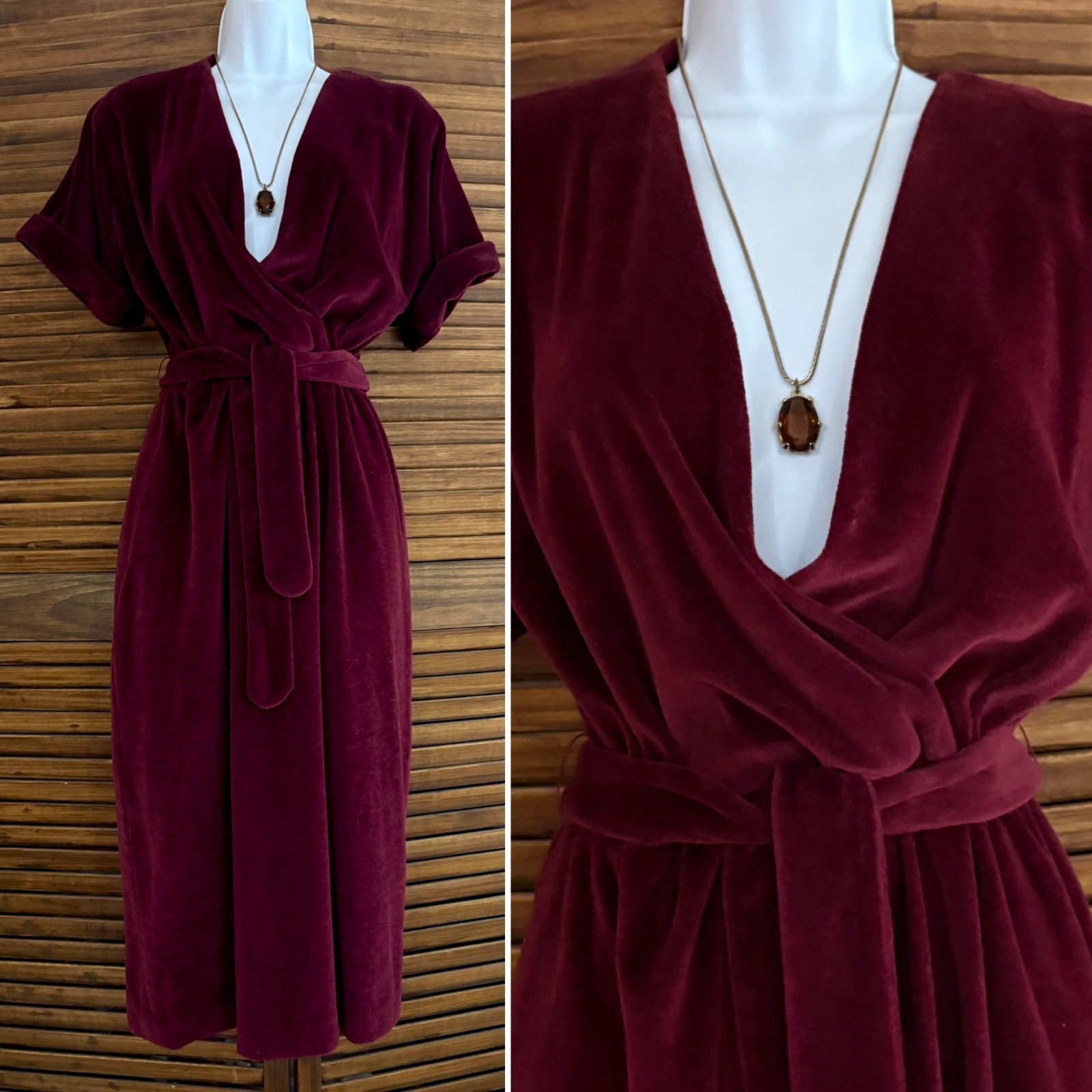 Vintage 70s Burgundy Velour Midi Dress, Craig Deep V Neck Disco Glam Tie Belt M