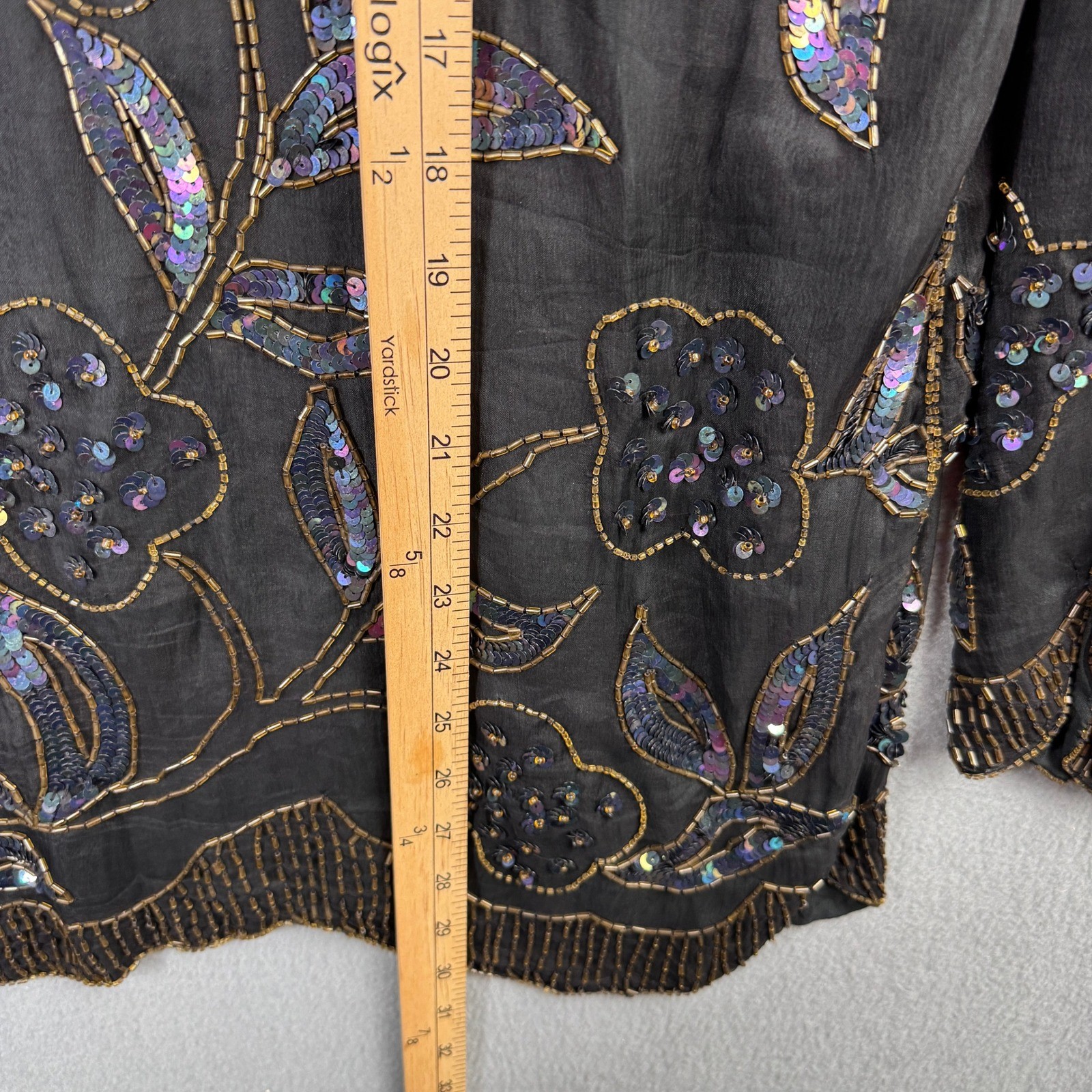 Scala Vintage 100% Silk Beaded Sequin Floral Blouse Black Iridescent Plus 1X