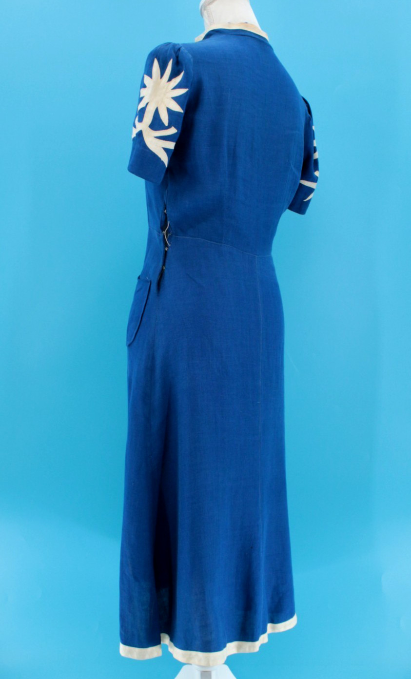 VTG Women’s 30s Royal Blue A Line Dress W/ Floral Applique’ Sleeves Sz S 1930s
