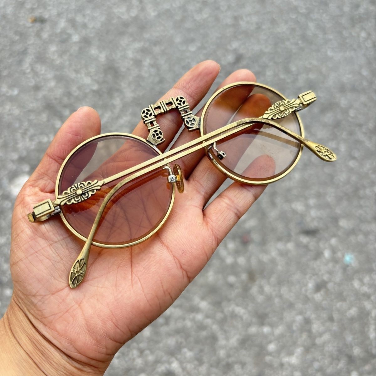 Vintage China Old Shanghai Copper Frame Round Eyeglasses Crystal Brown Sunglasse