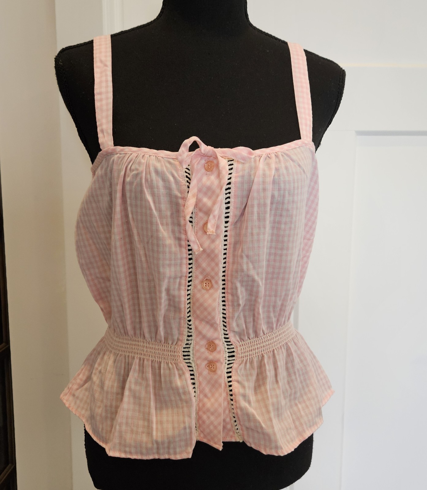 VTG 70s Bobbie Brooks Sleeveless Button Up Pink Gingham Halter Top Elastic Waist