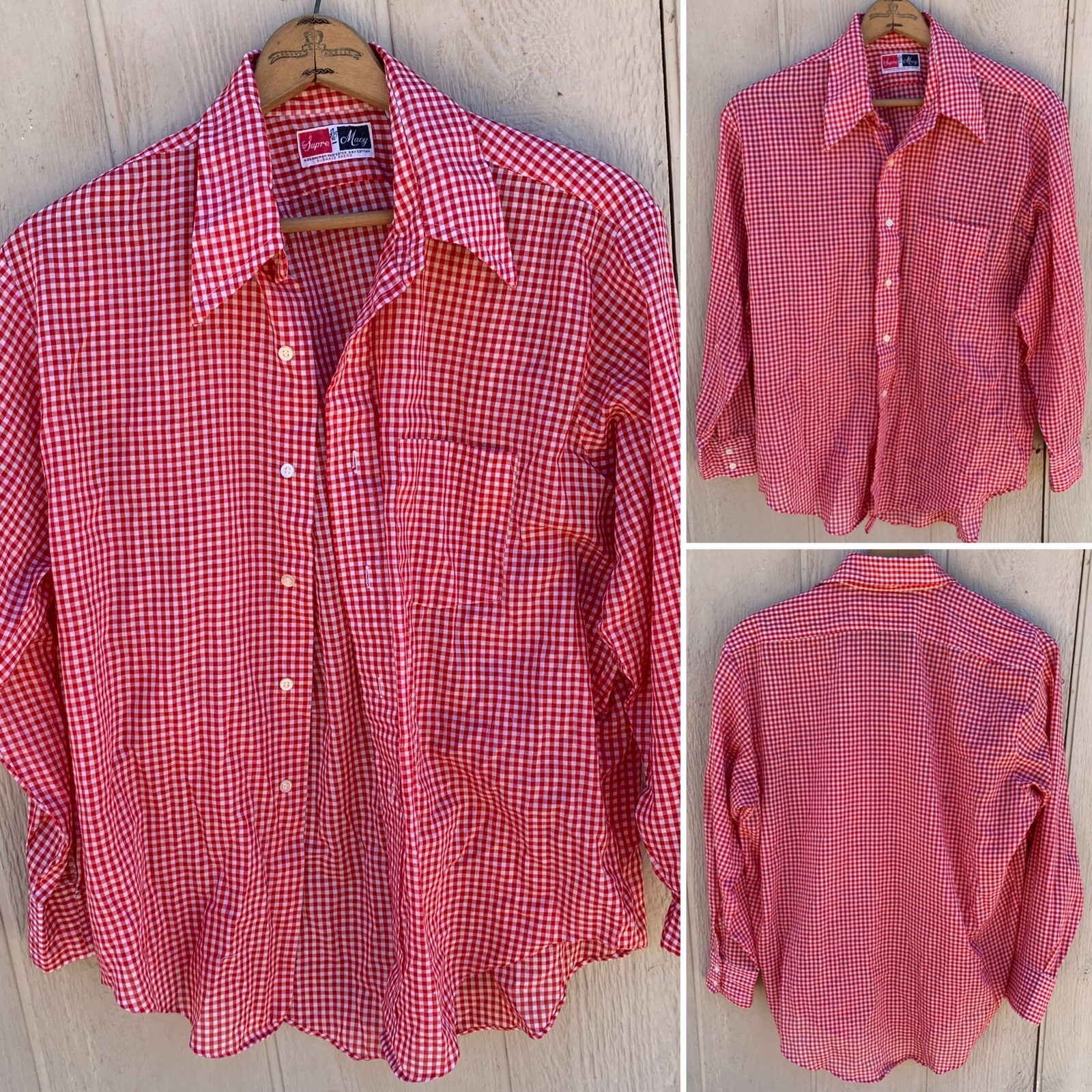 vintage Supre Macy red white gingham shirt left chest pocket size 16 1/2 – 33