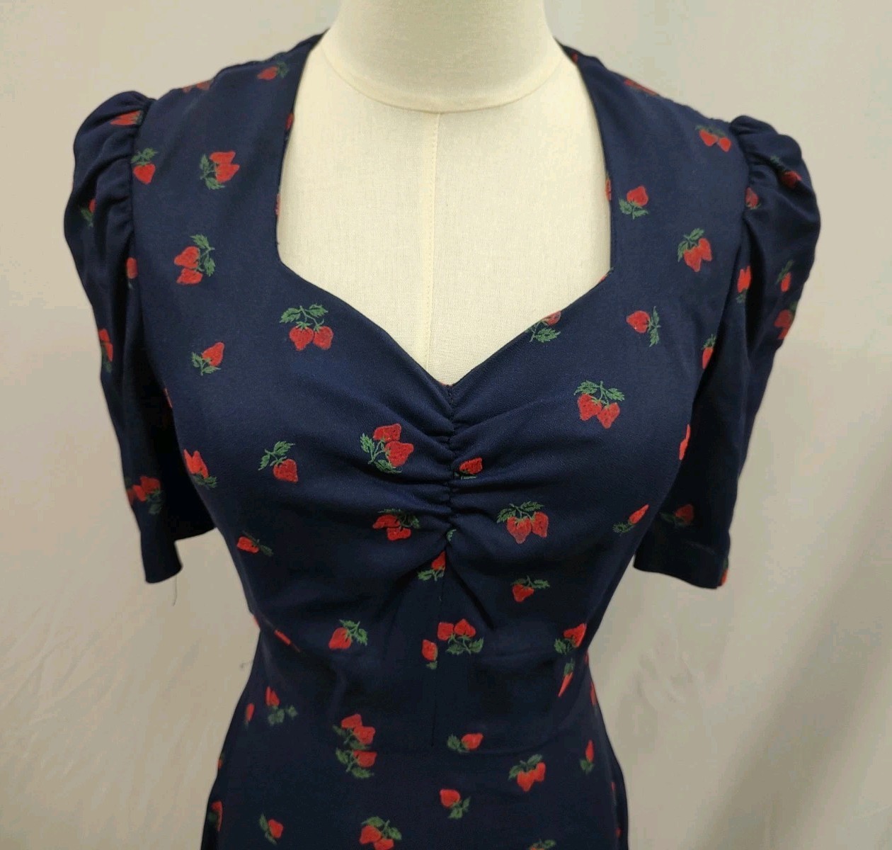 80’s Vintage Maxi Dress Strawberry Flocked Print Navy Sweetheart Neckline Long S