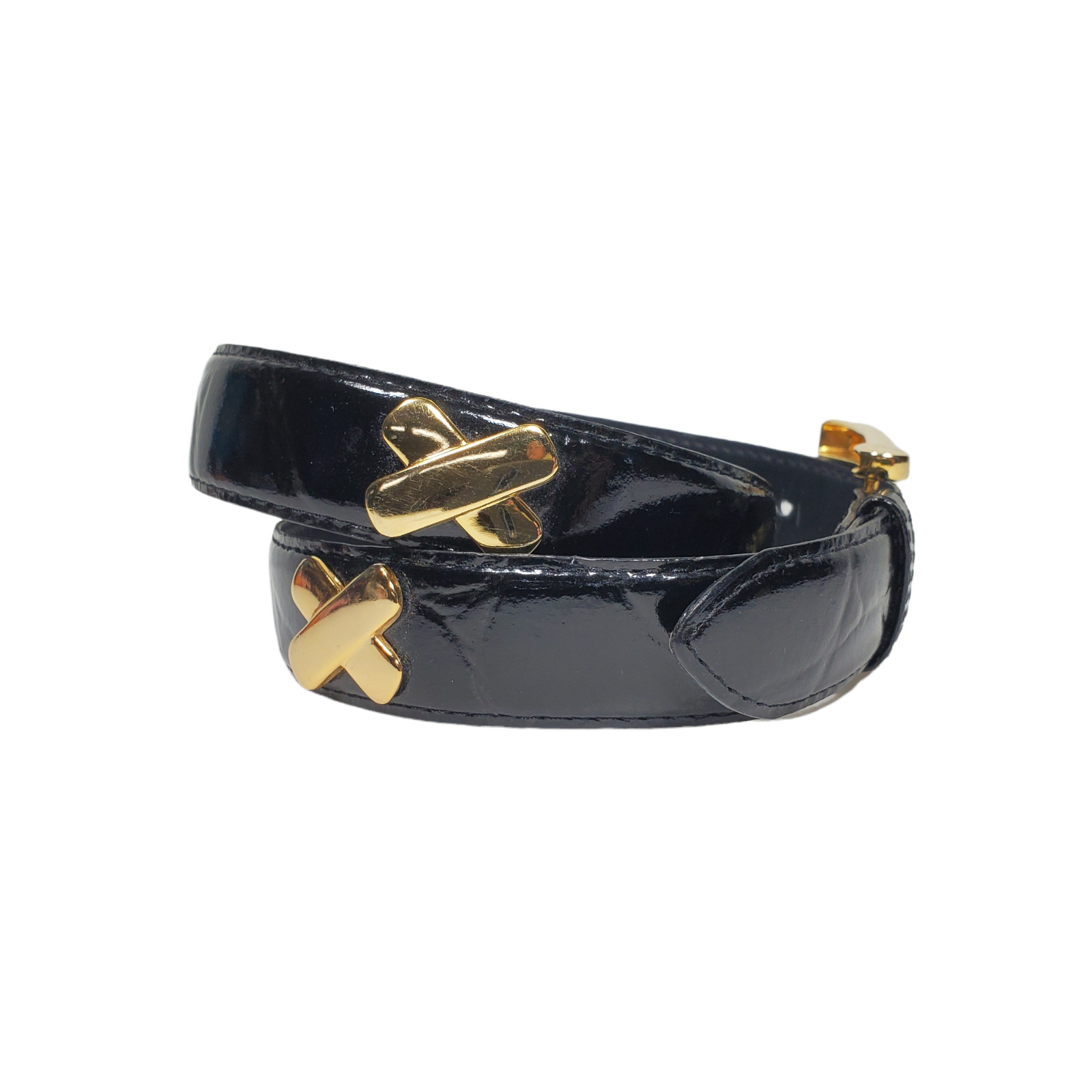 VTG 90s JG Hook Moc Croc Belt Womens Sz M/L Black Patent Pleather Gold Brass X