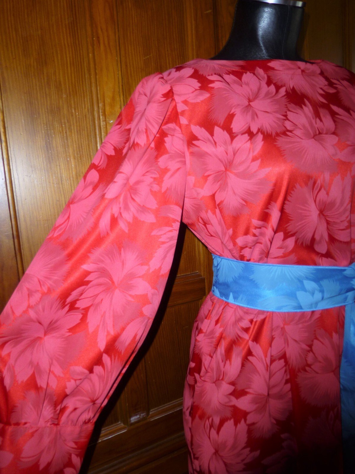 VTG 70s 80s RED Blue Belt Jersey Floral Secretary Cocktail Party midi DRESS L XL
