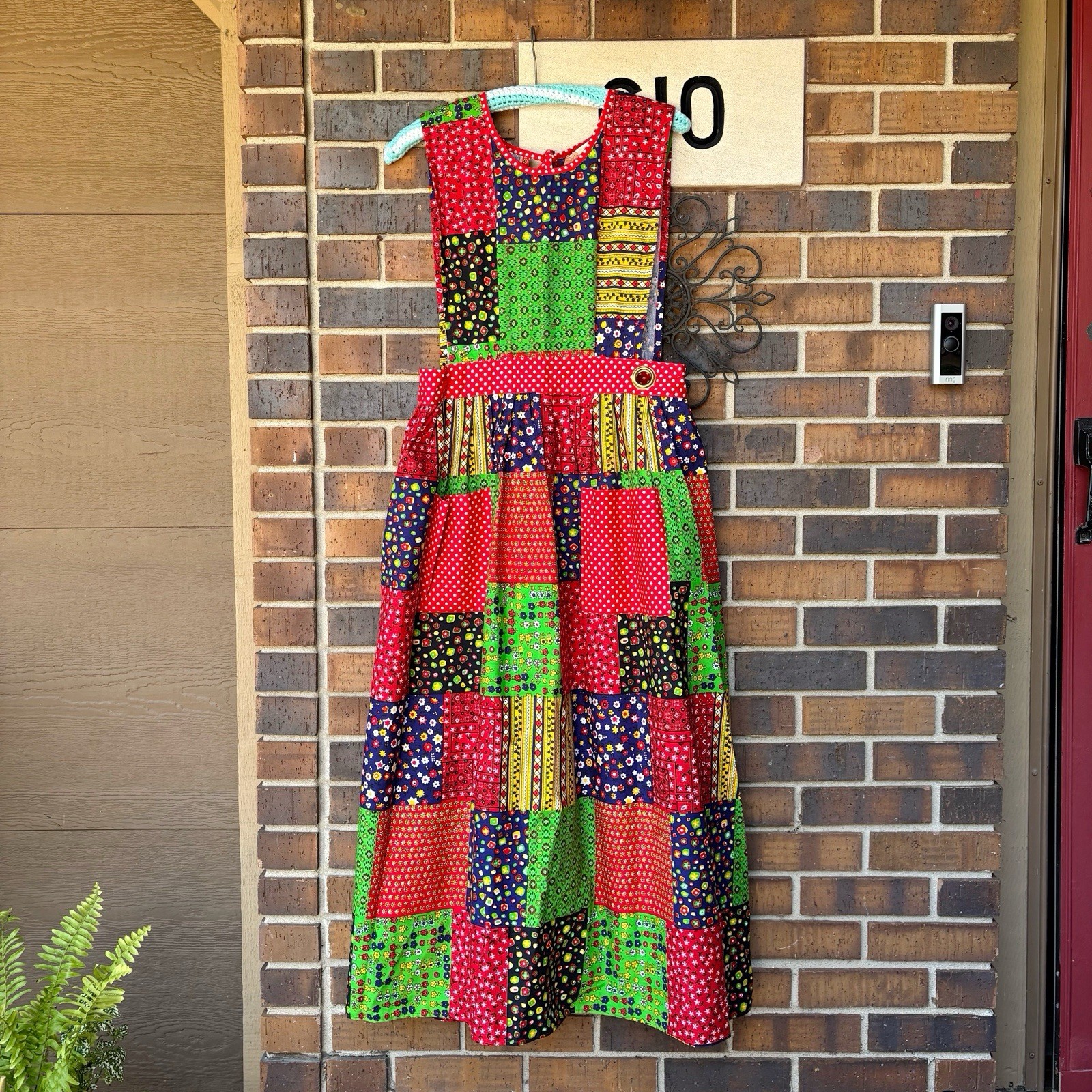 Vintage 1970s Patchwork Apron Smock Wrap maxi dress with pockets and ties S/M