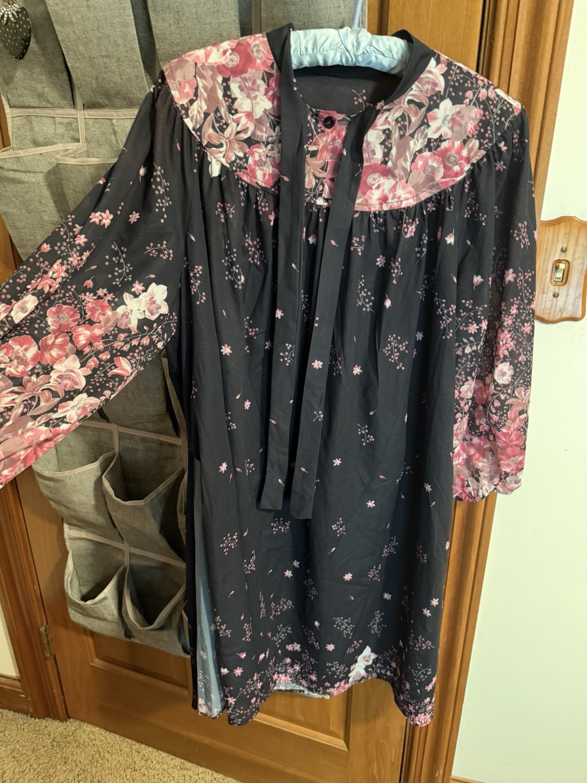 True Vintage 70s Floral Hostess Lounge Dress Semi Sheer Tie Neck Cover Up OSFM