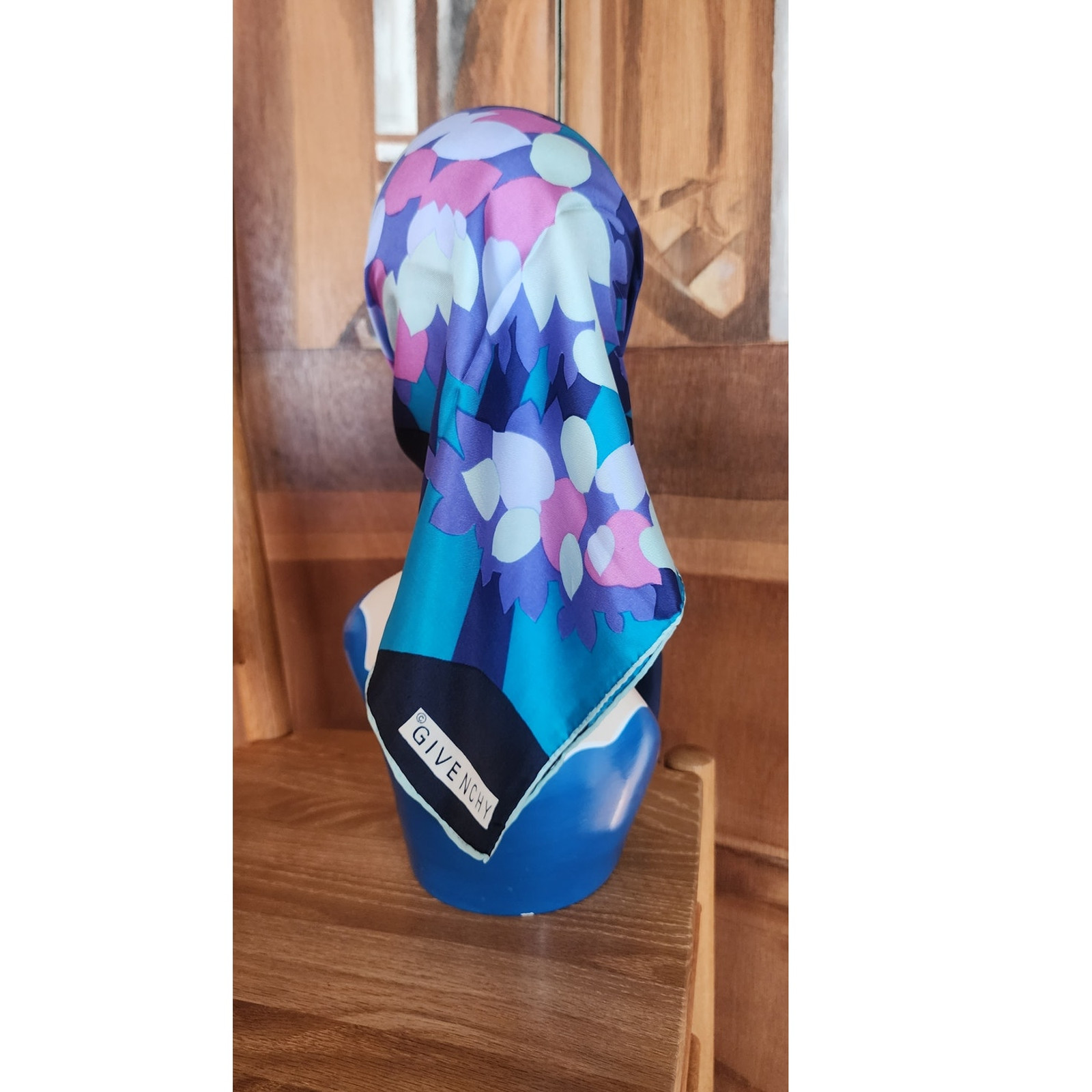 Vintage Givenchy 80s Silk Square Scarf Blue Purple Pink Floral Designer Scarf