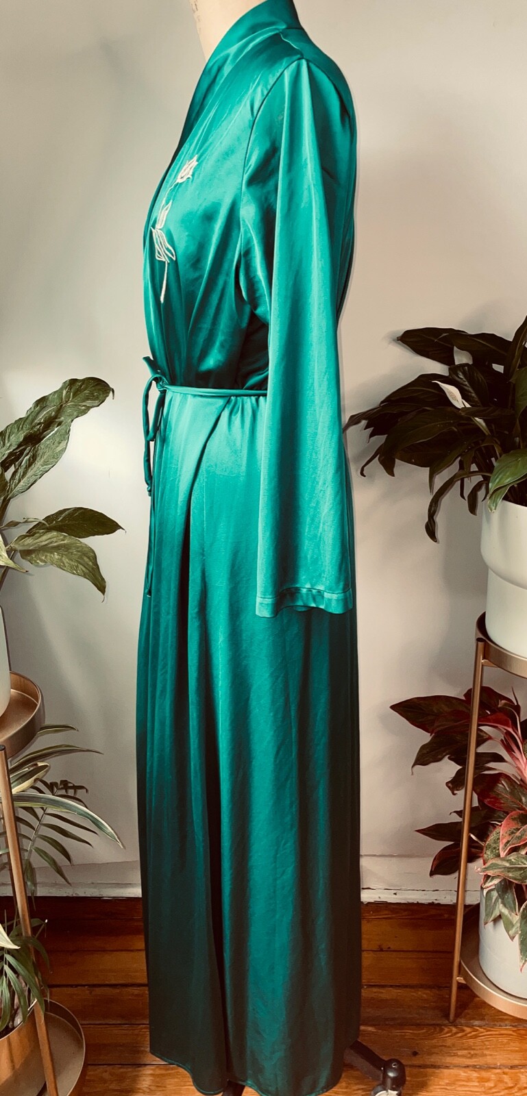 VTG 70’S FRENCH MAID*GREEN NYLON&WHT FLORAL EMPIRE WAIST NIGHTGOWN&PEIGNOIR*M/L