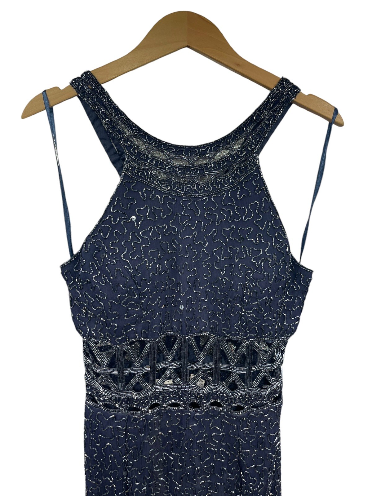 Vintage Scala 100% Silk Fully Beaded Gown Prom Dress Navy Blue Cut Out Womens M