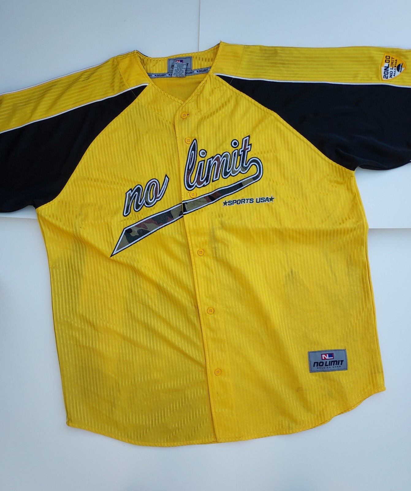 Vntg. Y2K Yellow W/ Camo Script No Limit Records Soldiers Gear Jersey Shirt 3XL