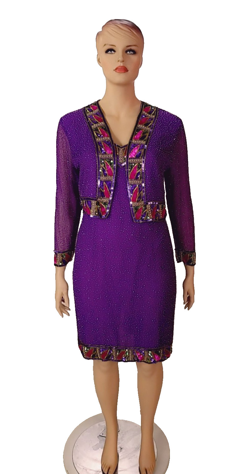 Vintage 90s Purple Beaded Sequin Silk Party Dress with jacket sz 18