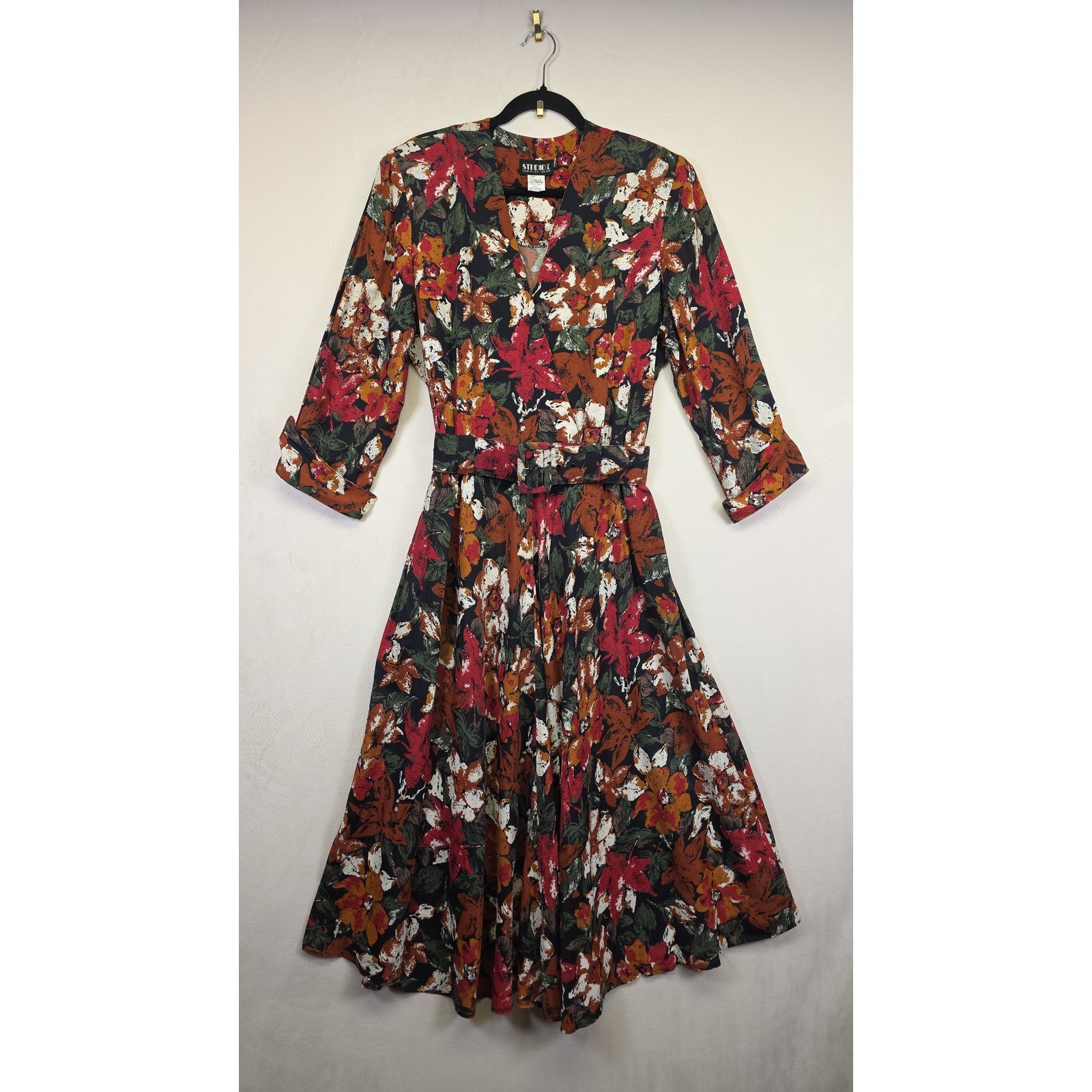 VTG Studio I Maxi Dress Womens 12 Black Floral Cottagecore Boho Retro Fall Cozy