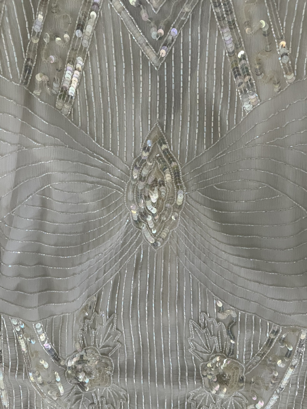 Womens Vintage Silk NEIMAN MARCUS Ivory Art Deco Cocktail Party Sequin Dress, S