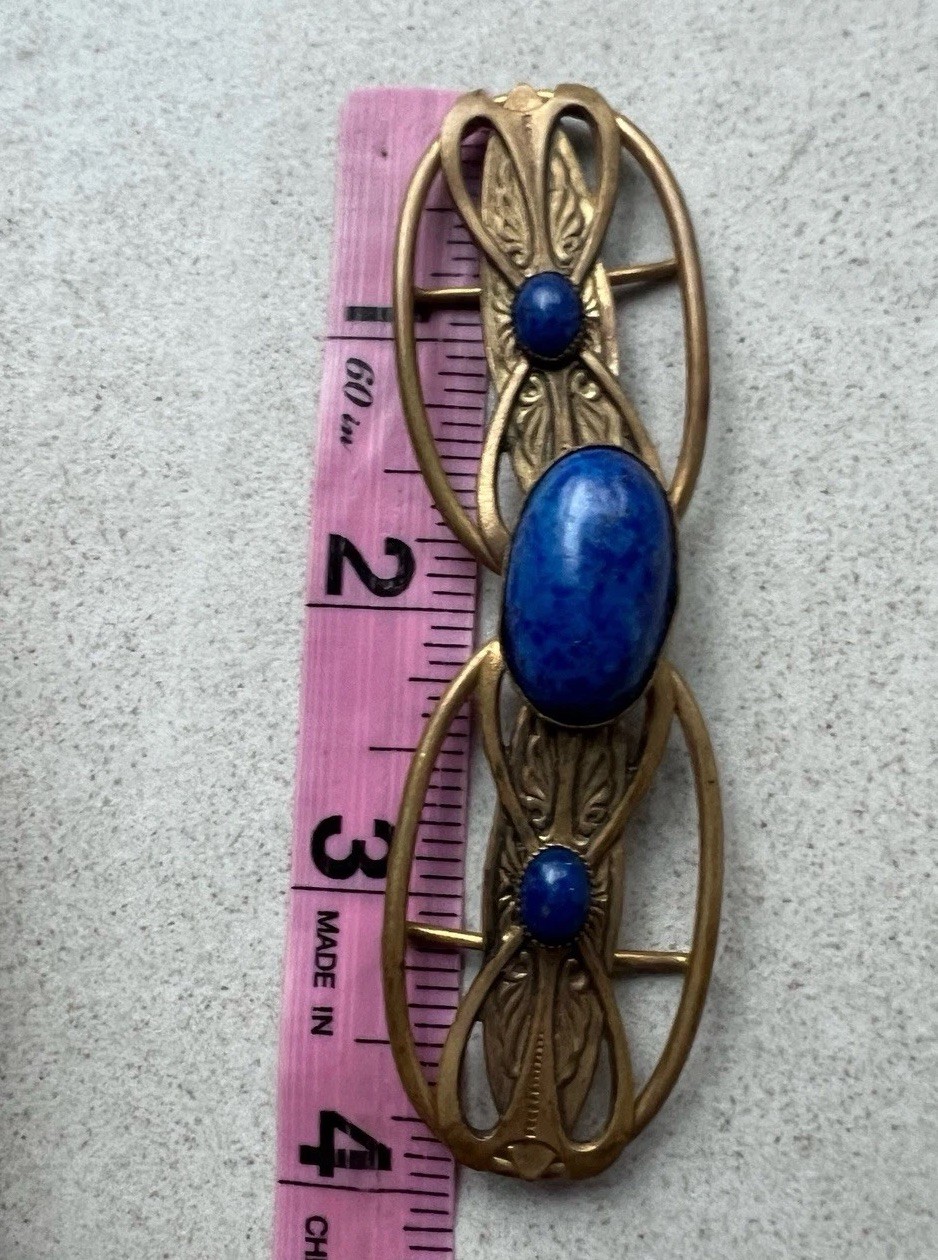 Signed Czech Gablonz Art Nouveau Brass Buckle Blue Lapis Glass Cabochon 20s C9