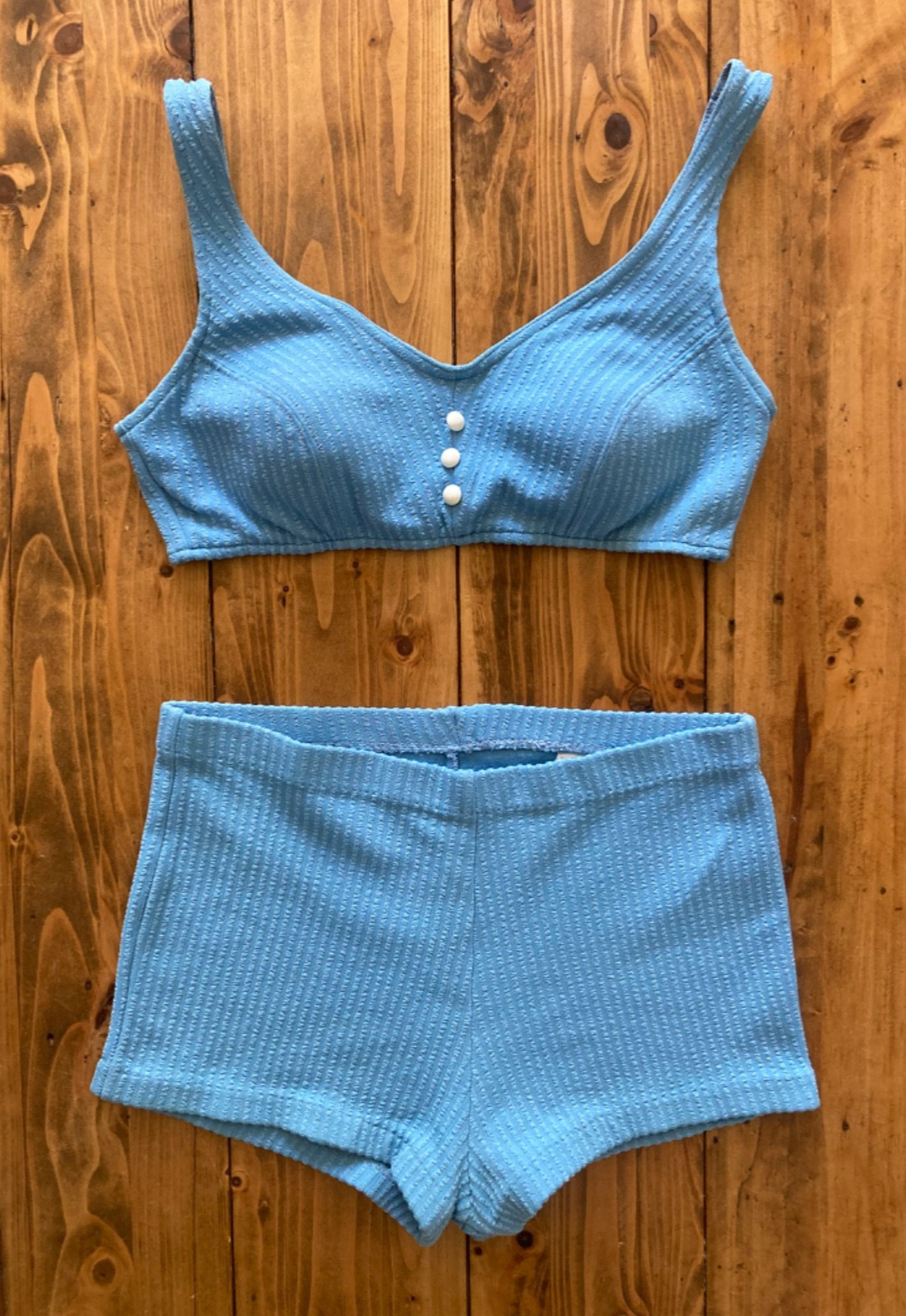 Vintage Sz 14 1960-70s Sky Blue Two Piece Bikini Set Knit Seersucker Stripe Mod