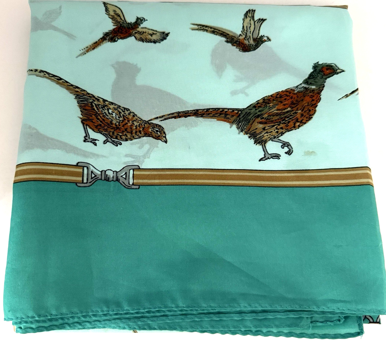 Vintage Gina Ruccini Teal Green/Lt. Blue Brown Pheasants 100% Poly Made in Italy