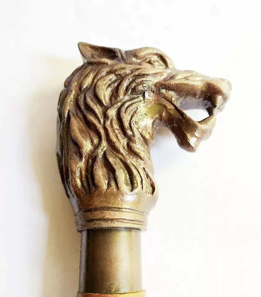 Antique Fox Head Copper Finish Handle Wooden Cane, Walking Stick Replica