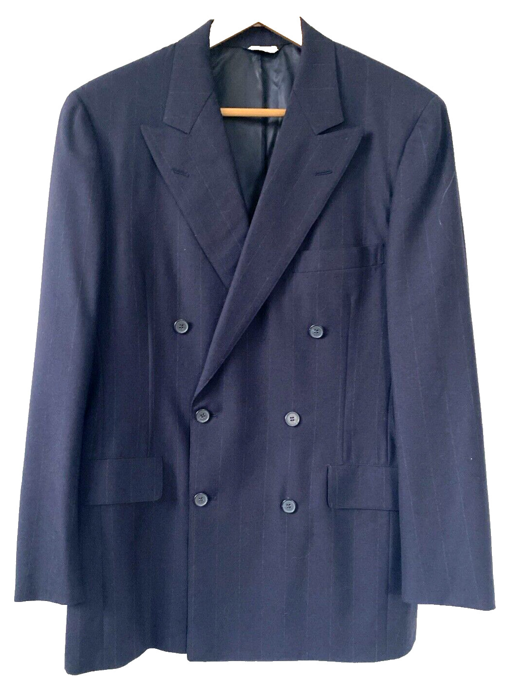 Vtg SOUTHWICK Navy Wool Chalk Stripe Double Breasted Peak Blazer Coat 41 Jacket