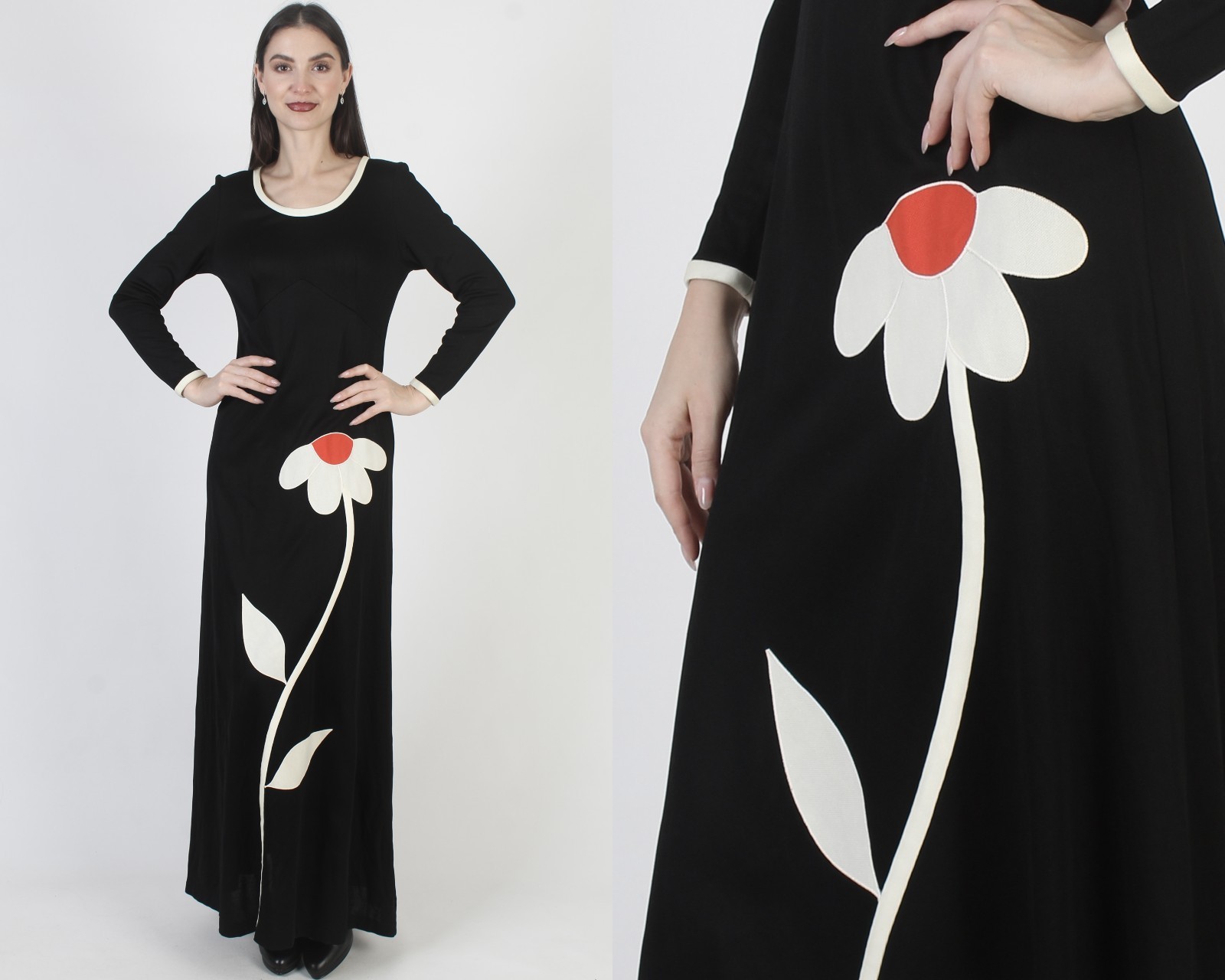 Vtg 70s Black Floral Applique Dress Disco Lounge Cocktail Party Daisy Maxi Gown