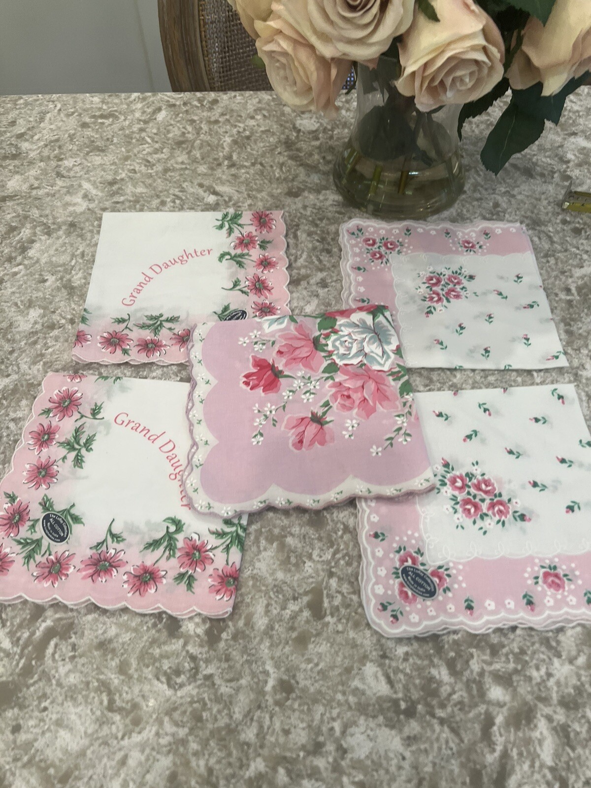 5 New Pink Roses Floral Grand Daughter Handkerchief – LuRay Hankie! Set Vtg