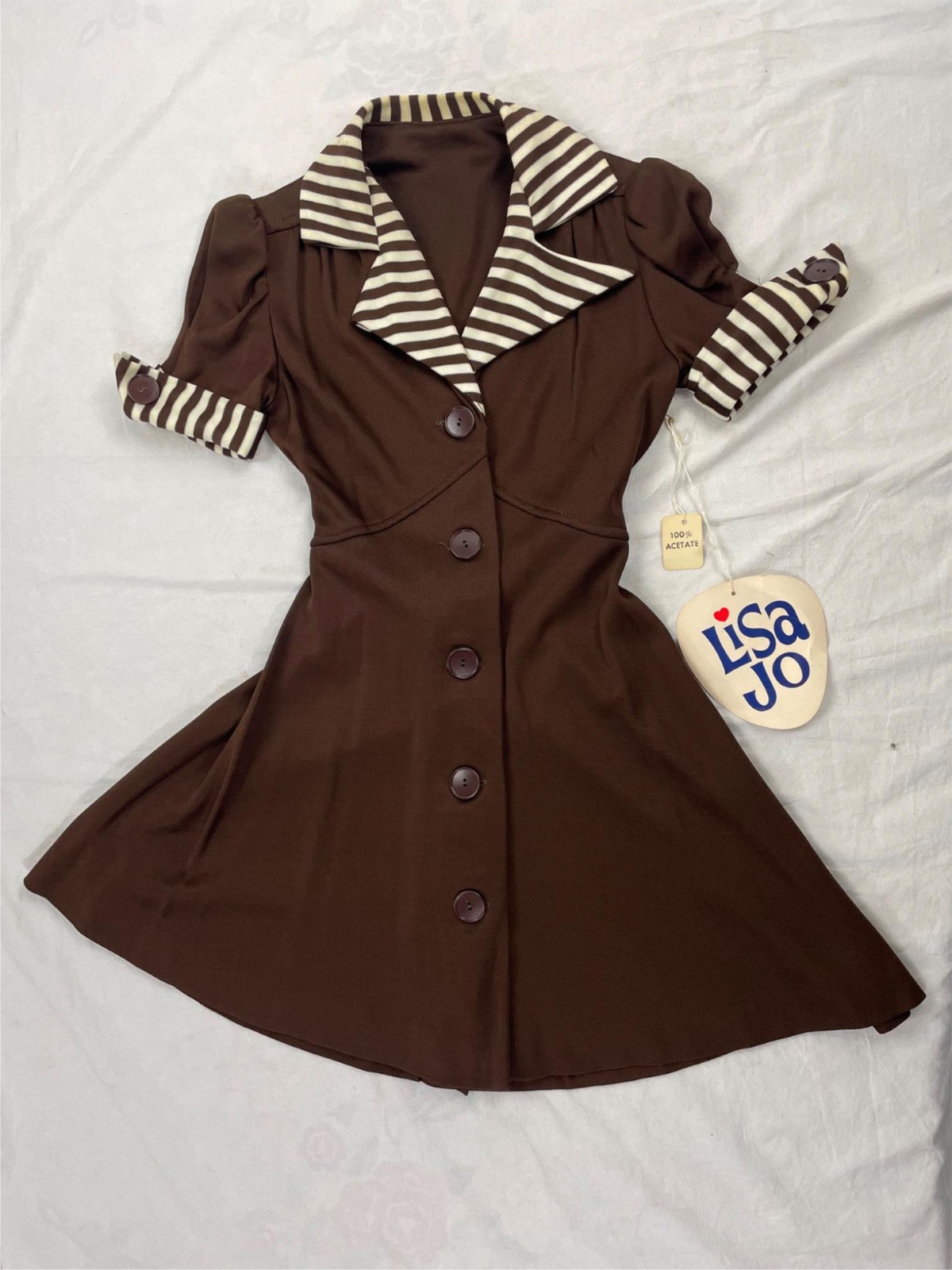 VTG 70S WOMENS XS NEW BROWN WHITE STRIPE BUTTON DISCO GO-GO CUTE DOLL MINI DRESS