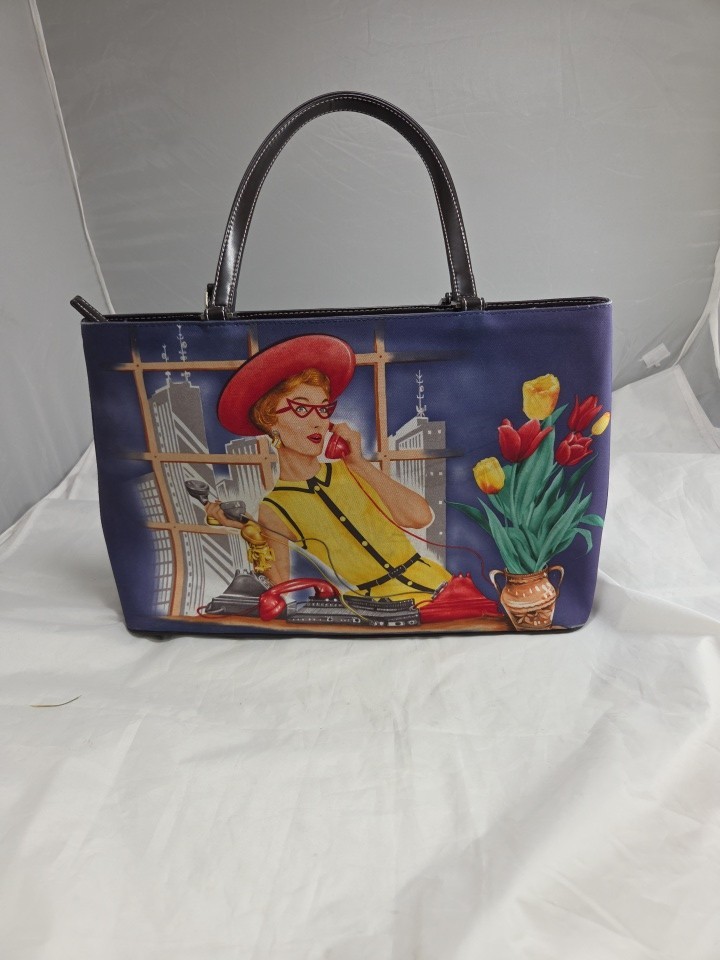 Vintage,1950s Retro Style,canvas Leather Handbag, 2 Sided, Front With Rinestone
